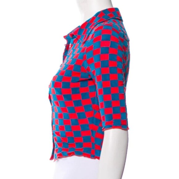ROTATE Birger Christensen Miranda Red/Blue Mesh/Velvet Plaid CroppedShirt M $270 - Picture 4 of 14